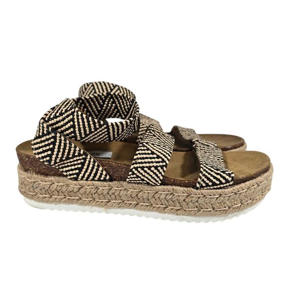 L Steve Madden Kimmie Flatform Espadrille Sandals Black Tan Womens Size 9 Jute - Picture 1 of 10